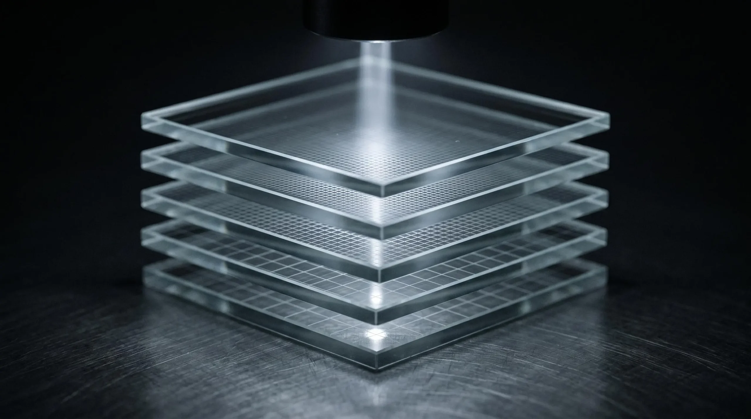 Illustration 3D isométrique d'un système de filtration à étages multiples avec tamis de précision croissante